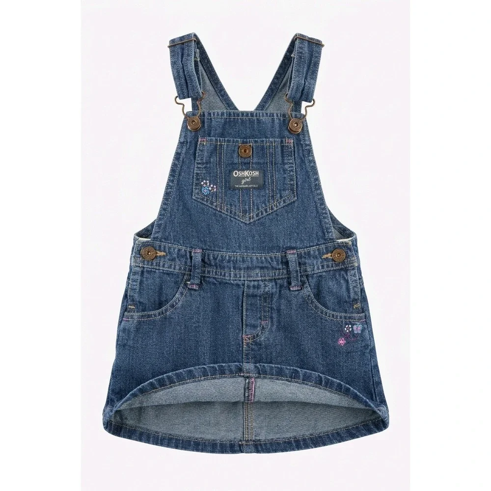 OshKosh B'gosh Girls‎ Blue Denim Overall Jumper Dress Floral Butterfly Size 3T
